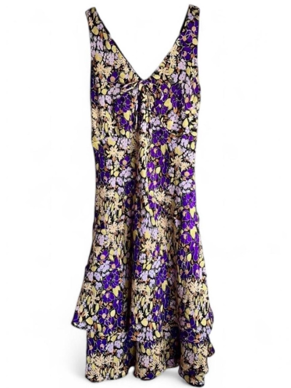 Vintage Y2K Purple & Yellow Floral Midi Dress with Tiered Ruffles SZ 8 Like New